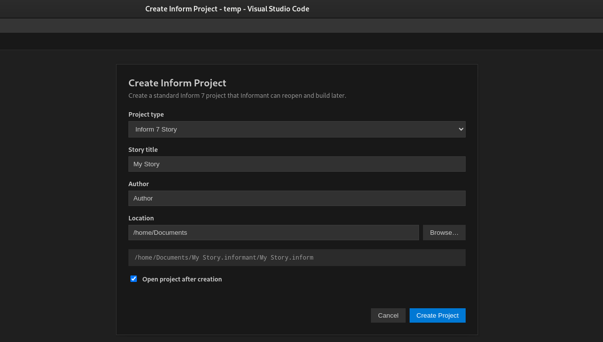 Create Project Dialog.