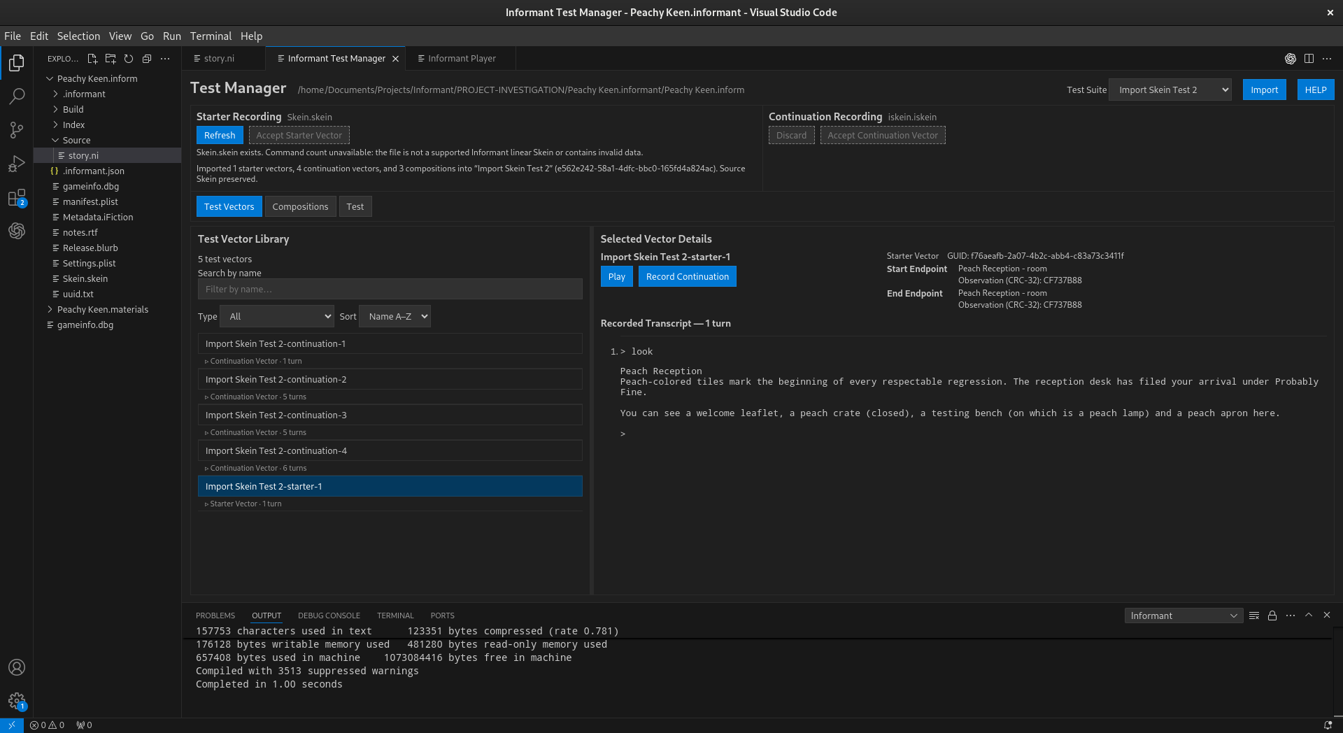 Informant Test Manager showing vectors imported from an Inform Skein.