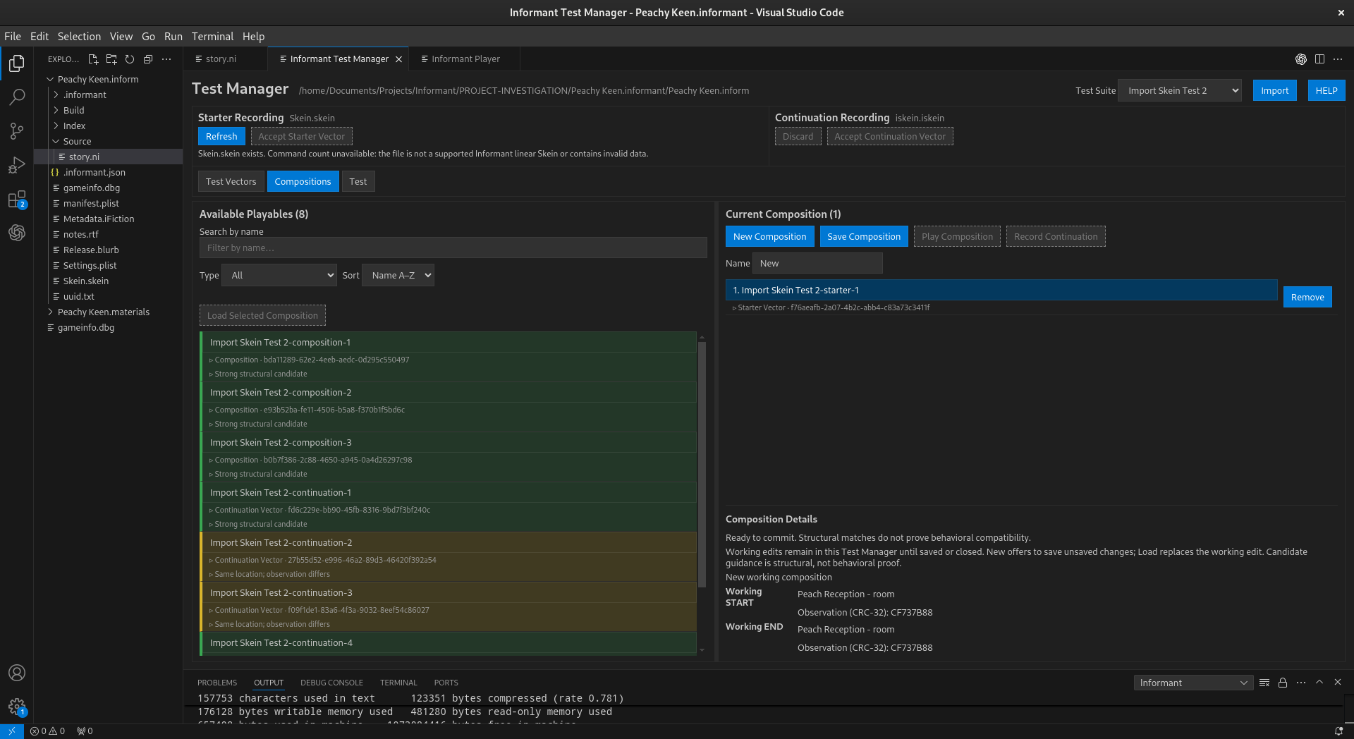 Informant Test Manager showing compositions reconstructed from a Skein.