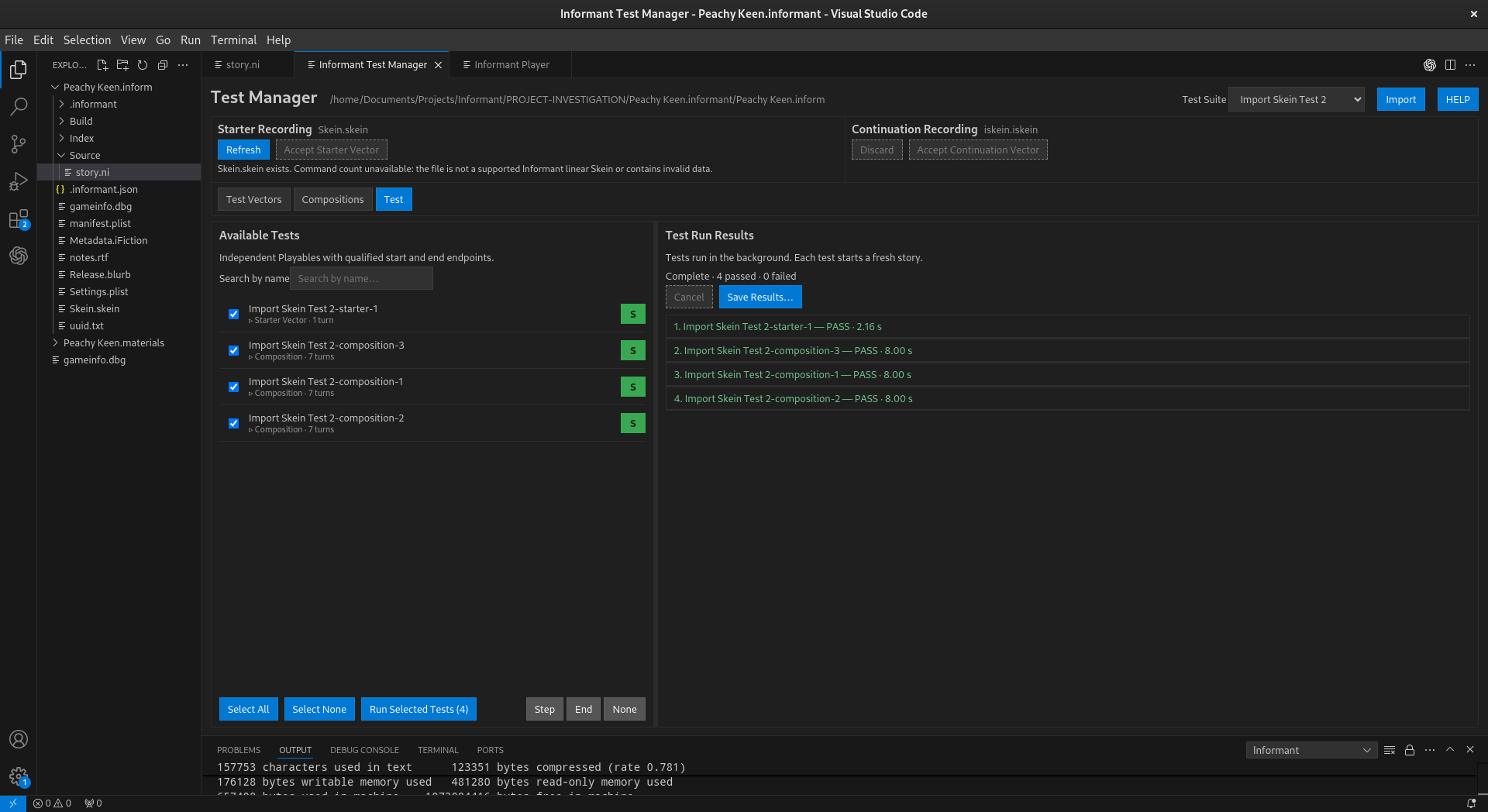 Informant Test Manager running tests derived from an imported Skein.