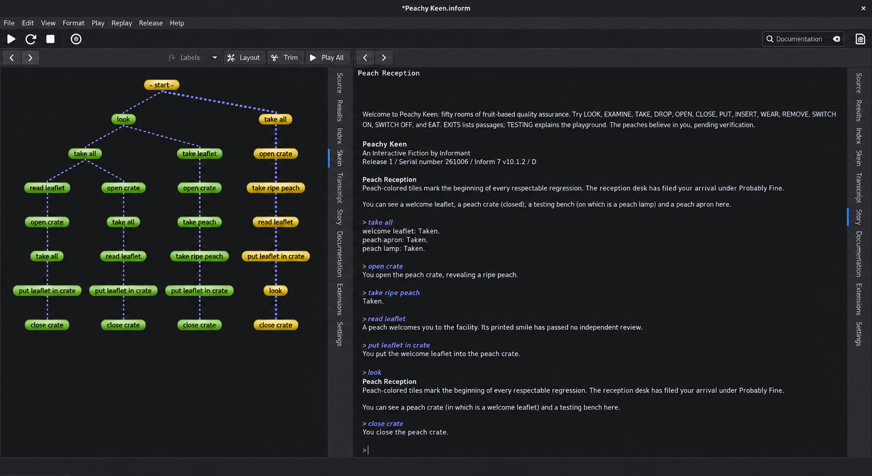 A branching Skein displayed in the Inform IDE.