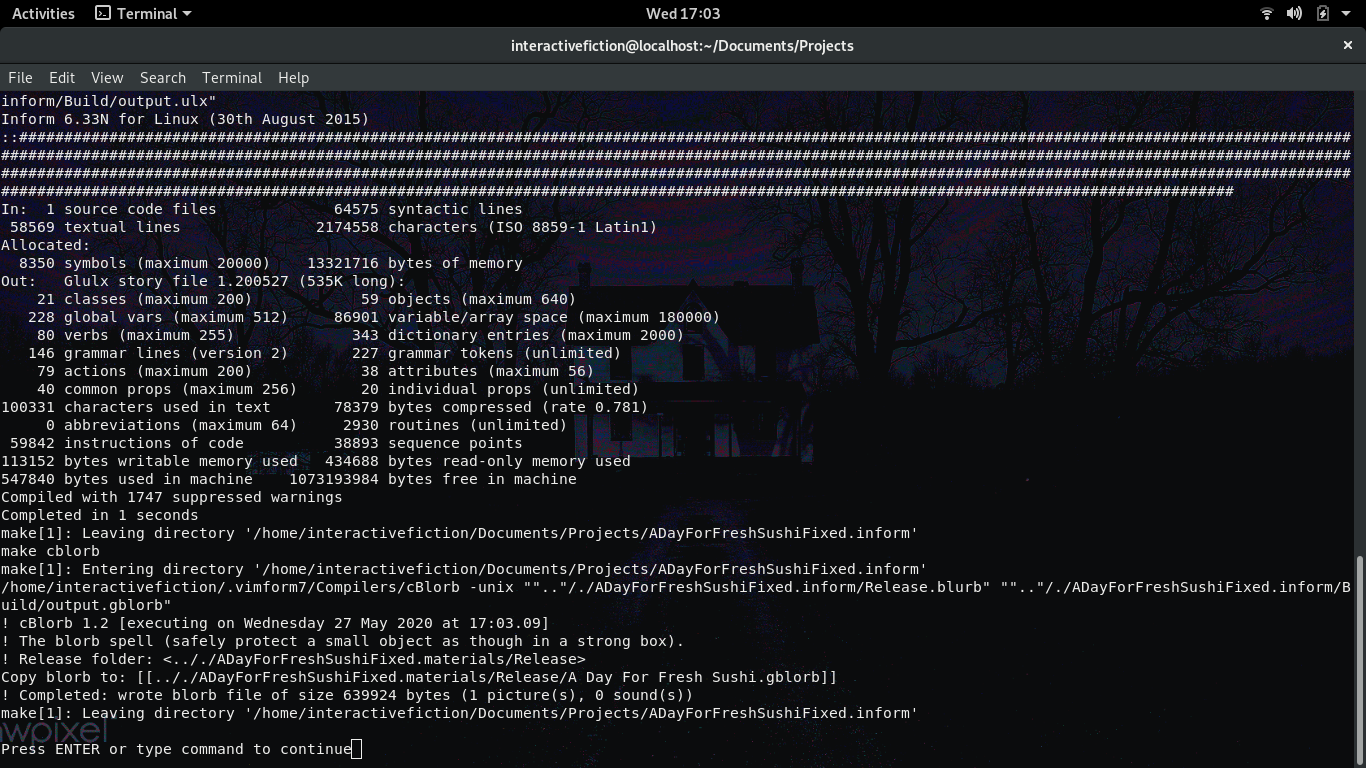 Vimform7 showing a new compiler output window from using -m.